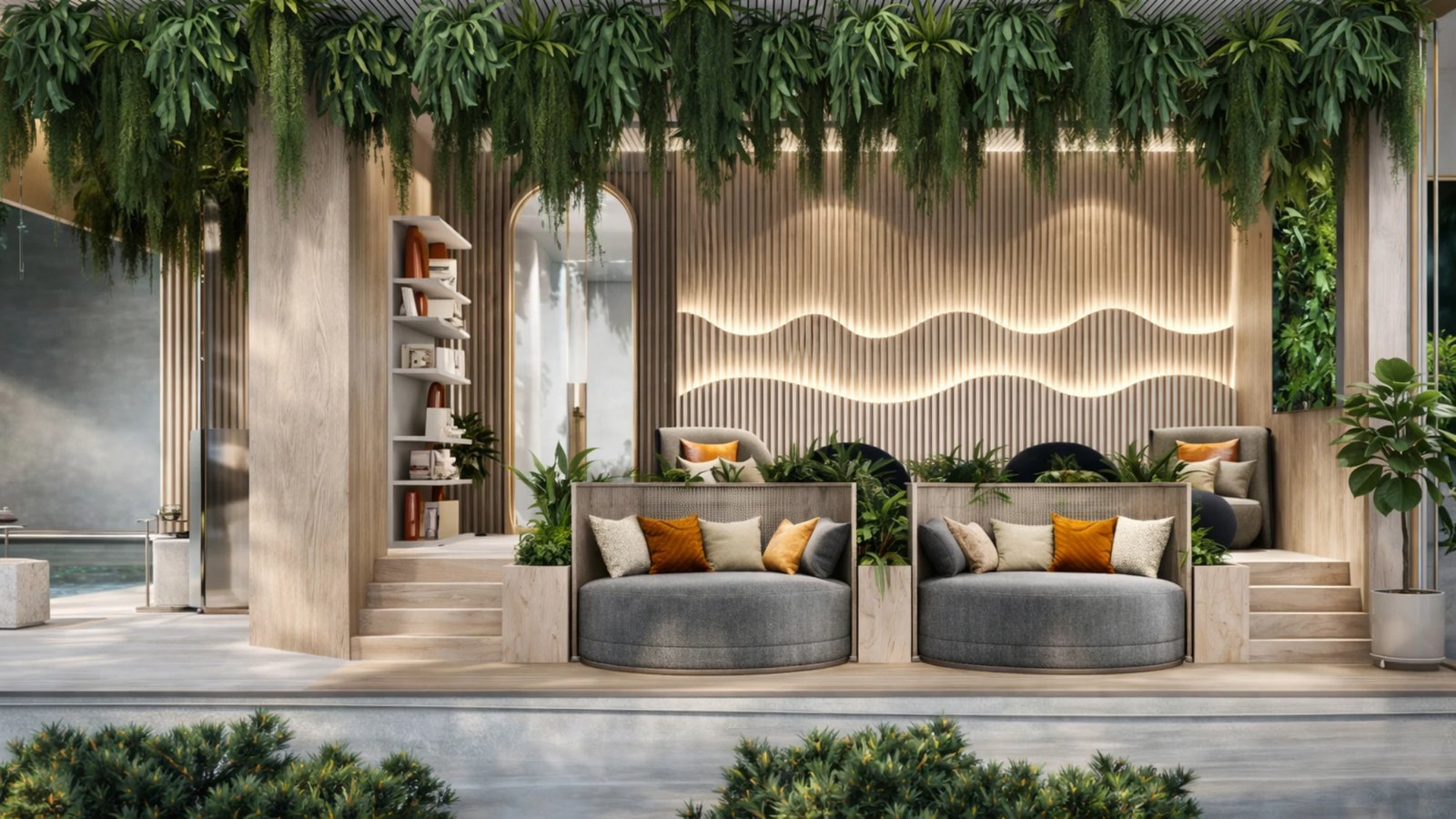 Arom Jomtien — poolside lounge with tropical greenery