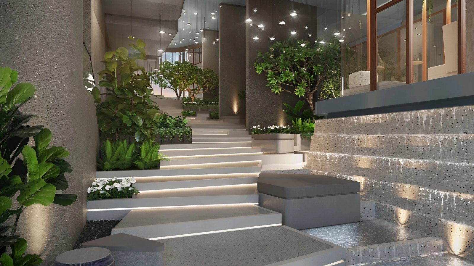 Arom Jomtien — landscaped garden staircase with water feature